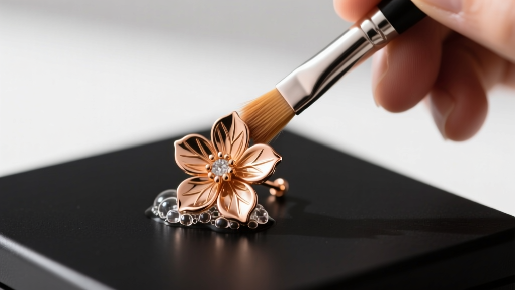 Jeweler using a soft brush and ultrasonic cleaner to remove polishing compound from deep crevices of a rose gold flower earring design