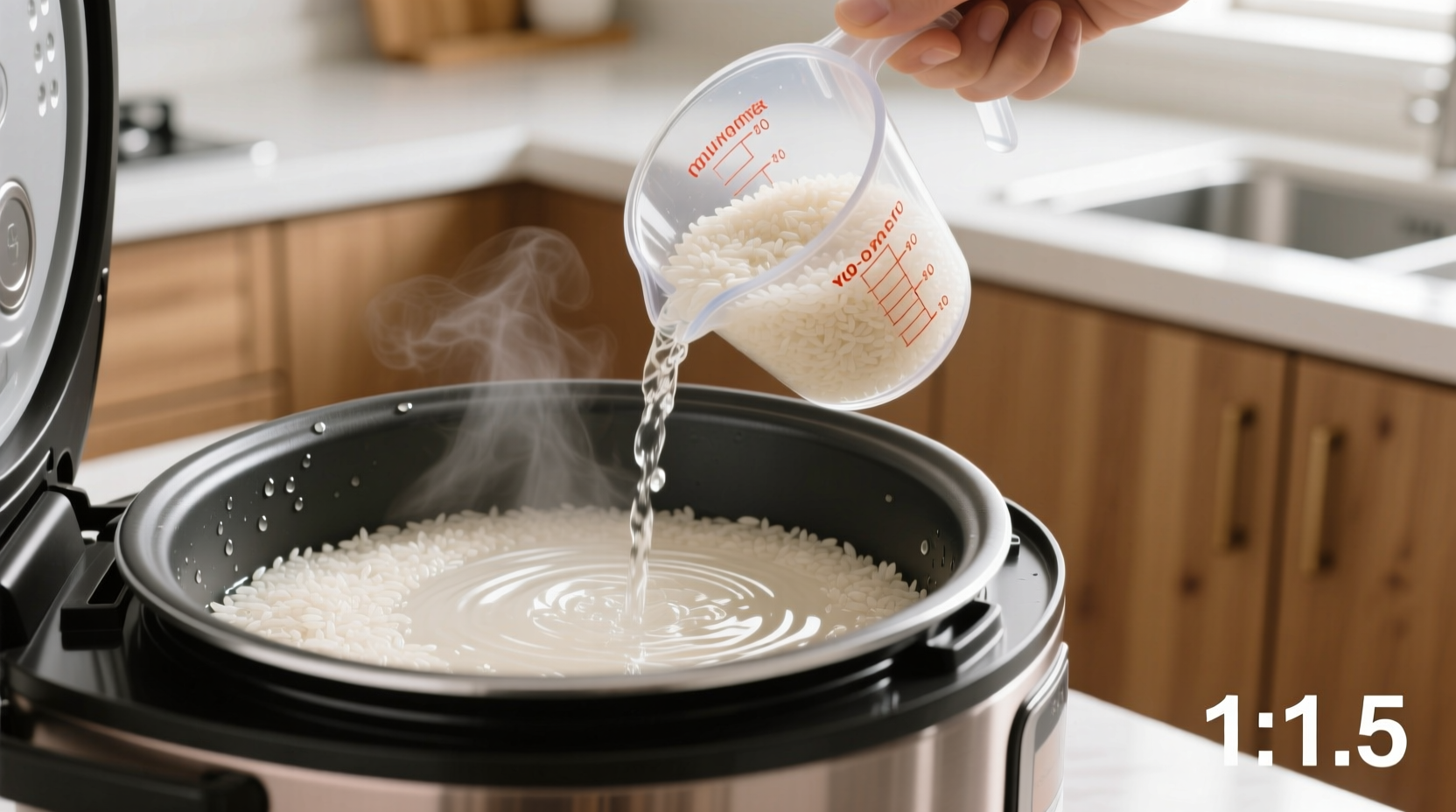 Measuring rice and water in rice cooker