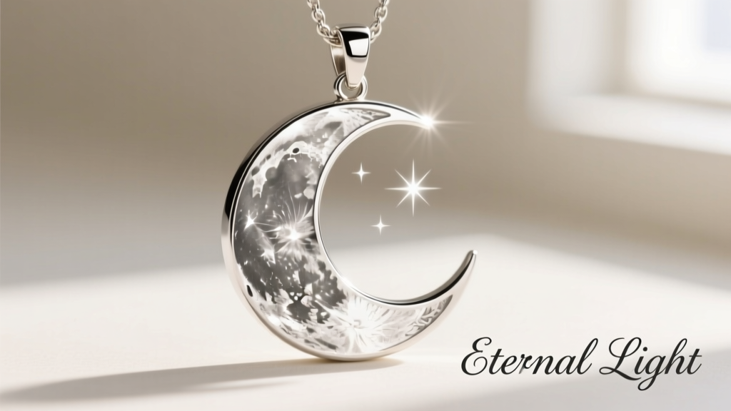 Extreme close-up of a laser-engraved moon pendant showing tiny cursive text 'to the moon and back' under bright studio light.
