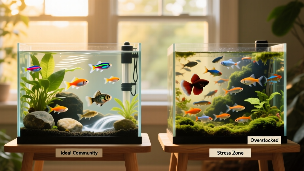 Side-by-side comparison of a balanced, uncrowded community tank versus an overcrowded, stressed tank