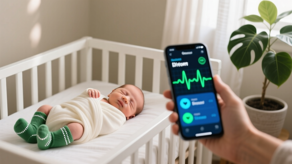 Newborn sleeping in a crib wearing the green Owlet Dream Sock while a parent checks heart rate vitals on a glowing smartphone screen