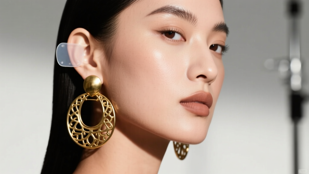 Model wearing heavy vintage brass creole earrings with clear silicone support patch behind her earlobe to prevent lobe stretching.