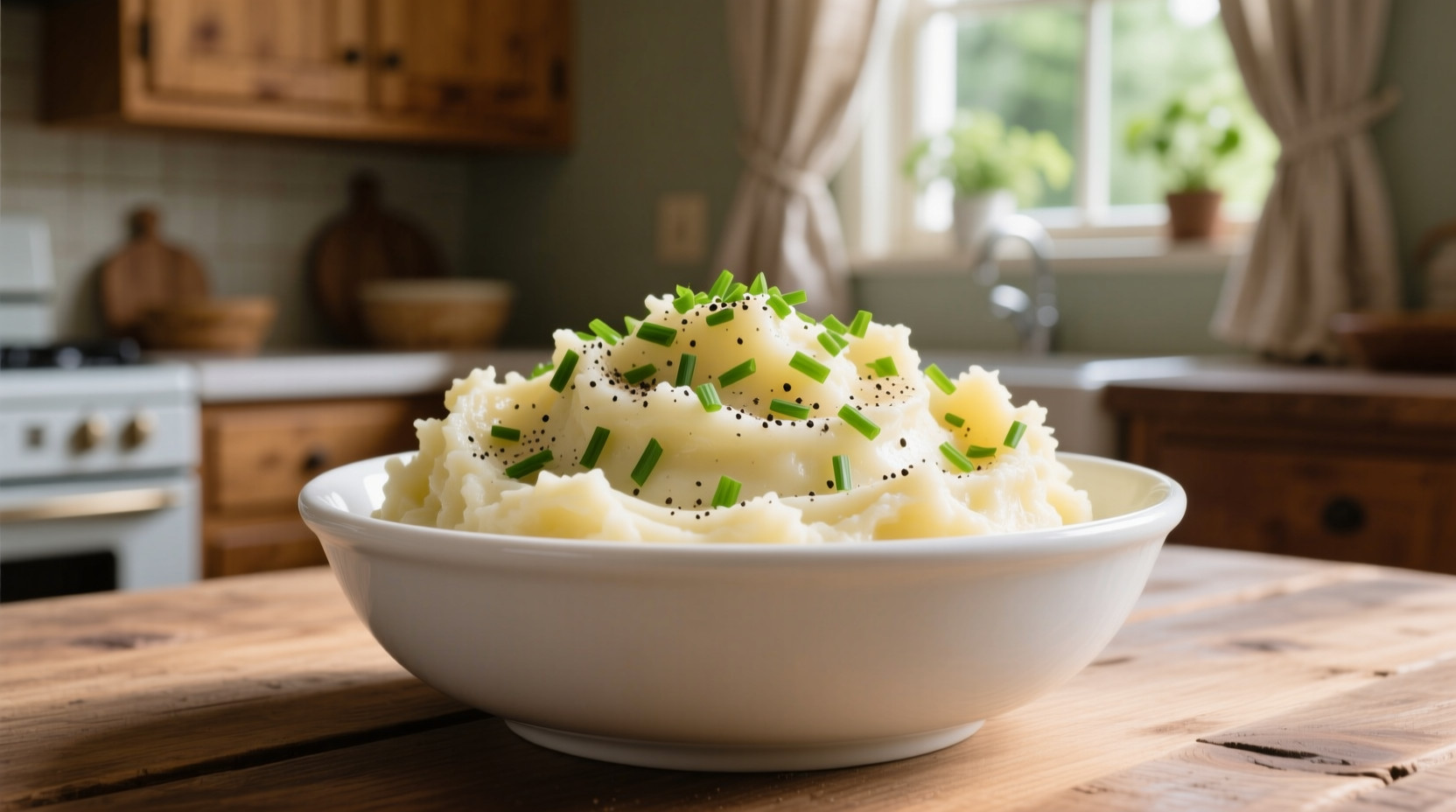 Creamy garlic mashed potatoes in white bowl with chive garnish