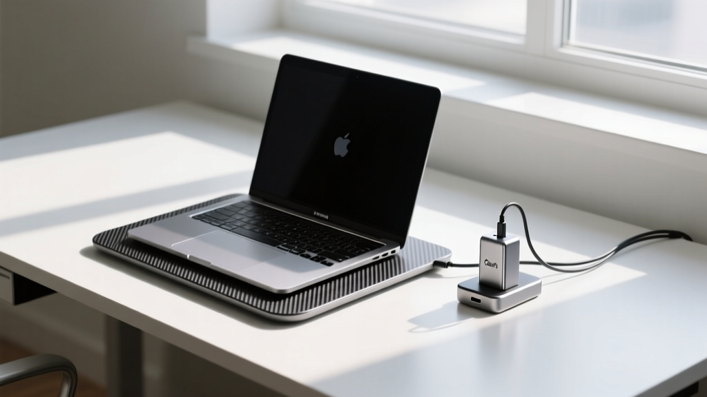 Minimalist desk with MacBook Pro on carbon fiber Roost stand, ultra-compact GaN charger, and zero visible cables in bright natural light
