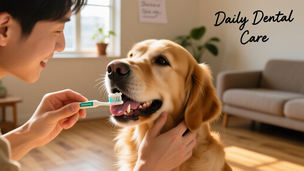 Close-up of a person gently brushing their dog's teeth with a pet-safe toothbrush and paste