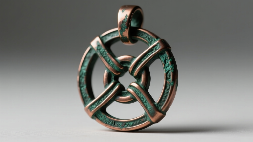 Macro shot of a CuSn12 bronze Valknut pendant showing natural dark green patina in crevices, highlighted by soft directional light.