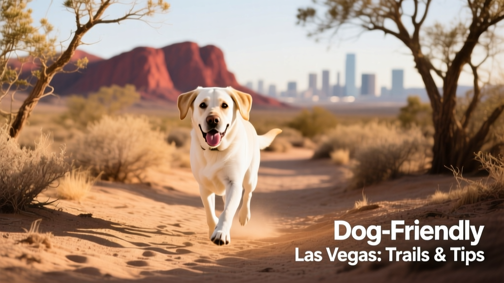 A white Labrador enjoying a shaded trail in the Las Vegas desert