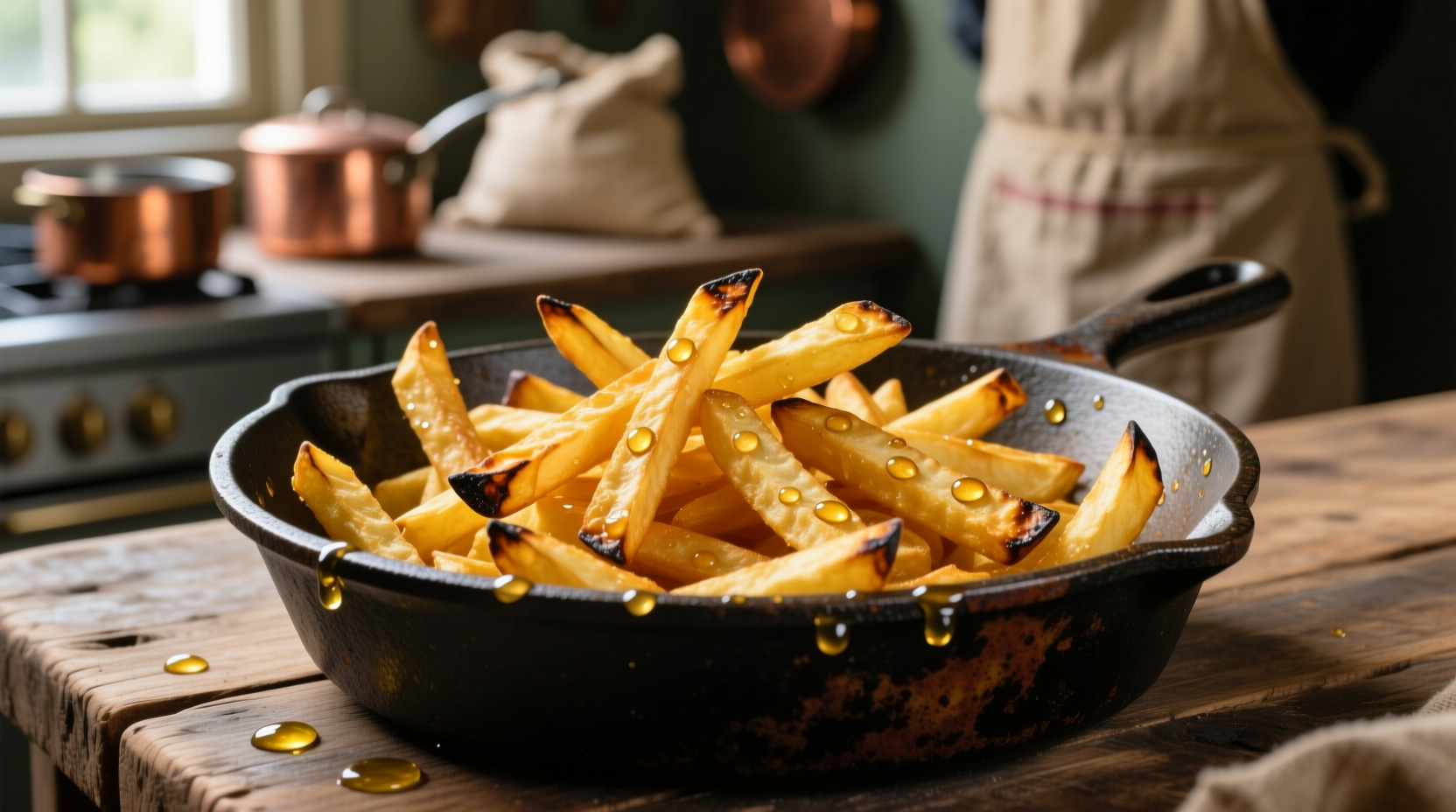 Golden crispy french fries in cast iron skillet with oil droplets