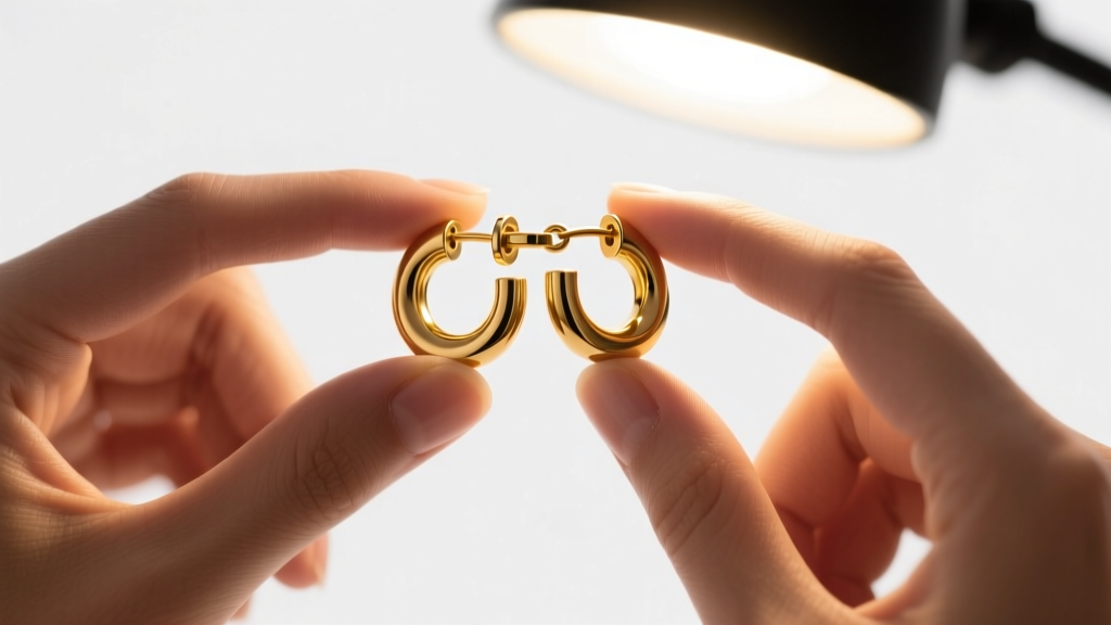 Close-up of hands holding 14k yellow gold huggie earrings with a stuck clicker hinge, illuminated by a bright jewelry desk lamp.
