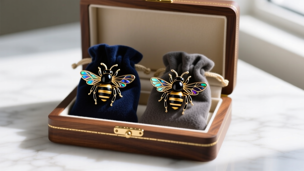 Two intricate bumble bee drop earrings stored separately in individual soft flannel pouches inside a lined wooden jewelry box.