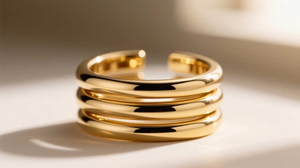 Close-up of a continuous 14k gold triple-hoop ear cuff, highlighting the friction-fit tension gap and highly polished metal edges
