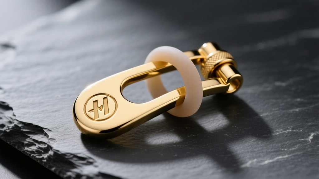 Extreme close-up of a custom 14k gold magnetic clasp with hidden silicone O-ring safety mechanism, resting on dark grey slate stone