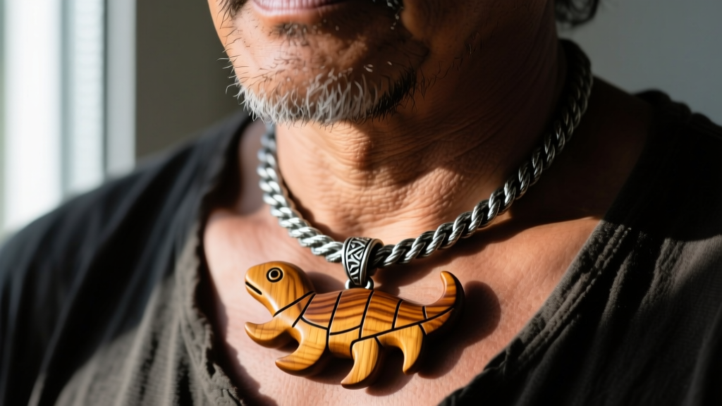Close-up of a rugged man wearing a polished Acacia koa wood honu pendant on a thick 4mm oxidized sterling silver rope chain.
