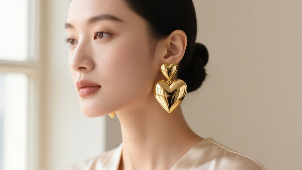 Portrait of a woman wearing polished 18k gold large heart earrings, soft lighting highlighting the reflective metal surface.