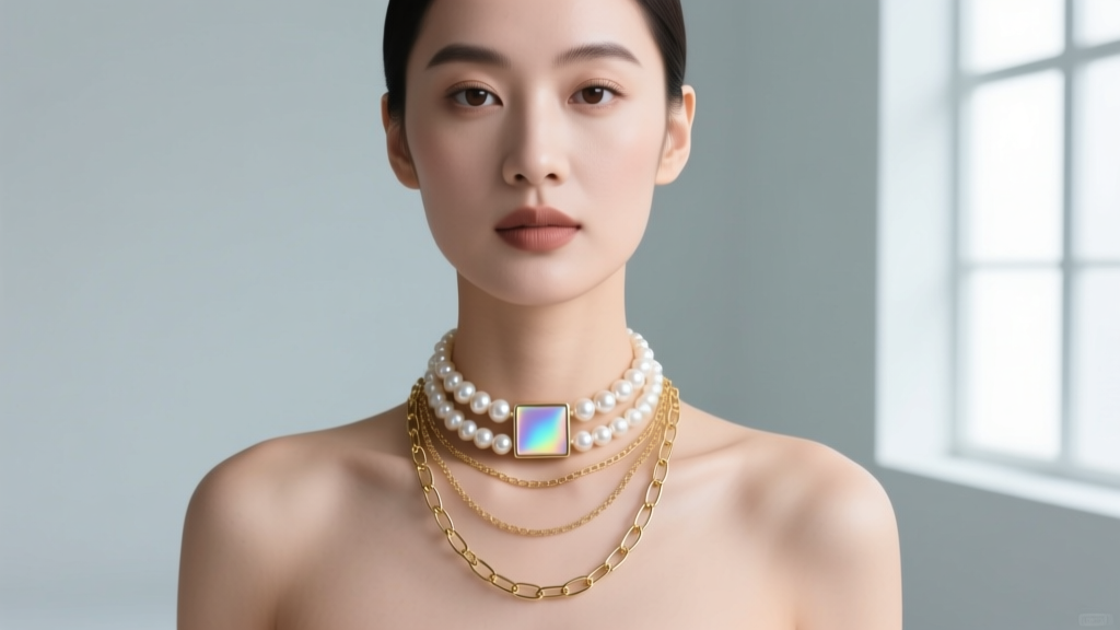 Woman wearing a layered necklace stack with a square pearl choker and long gold paperclip chain against a soft studio backdrop.