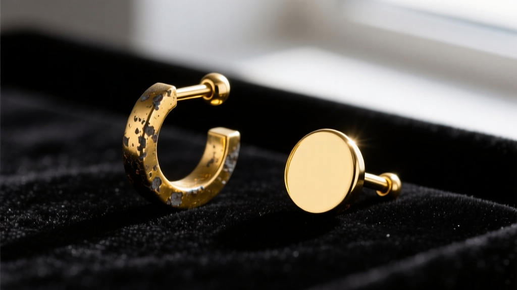Macro shot comparing a tarnished gold-plated tragus earring next to a pristine 14k solid gold flat-back labret stud on dark velvet.