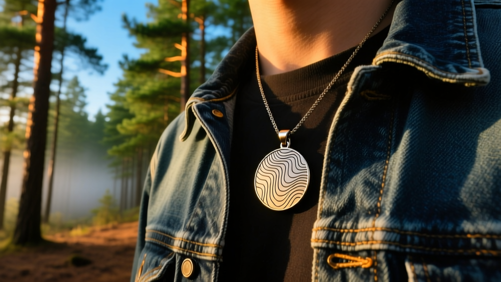 Matte titanium topographic pendant on a denim jacket collar, lit by golden hour sunlight in a dense pine forest