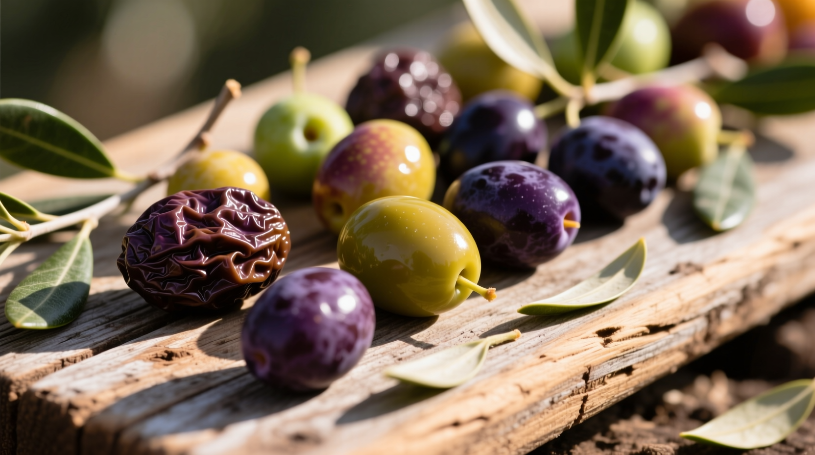 Close-up of various olive varieties on wooden board