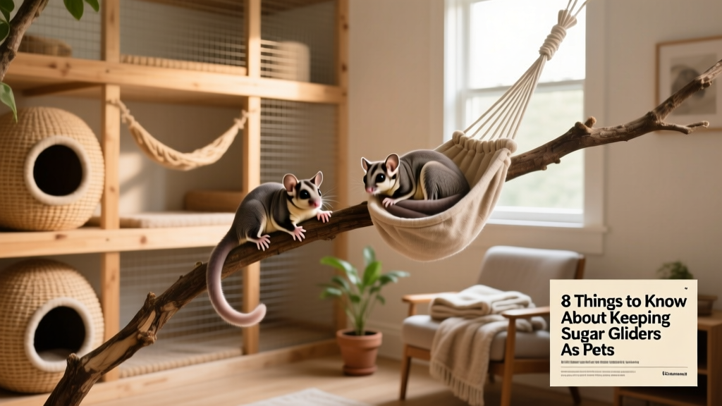 A spacious, multi-level sugar glider enclosure with hammocks, branches, and hiding pouches, set up in a quiet room