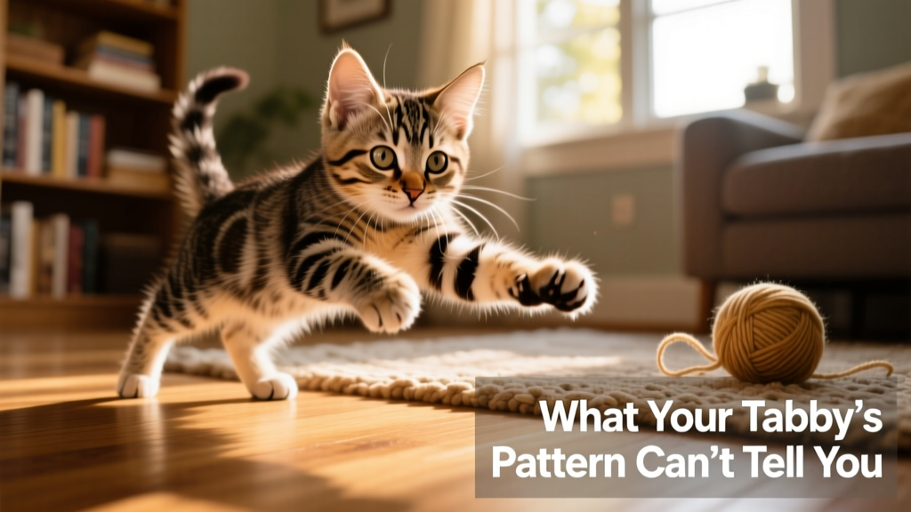 A playful tabby kitten mid-pounce, capturing natural hunting instinct in action
