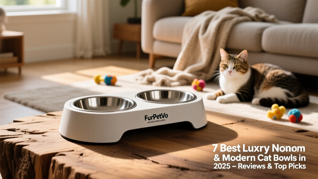 FurPetVo NomNom Modern Cat Bowl showing its chew-proof plastic base with two removable stainless steel bowls