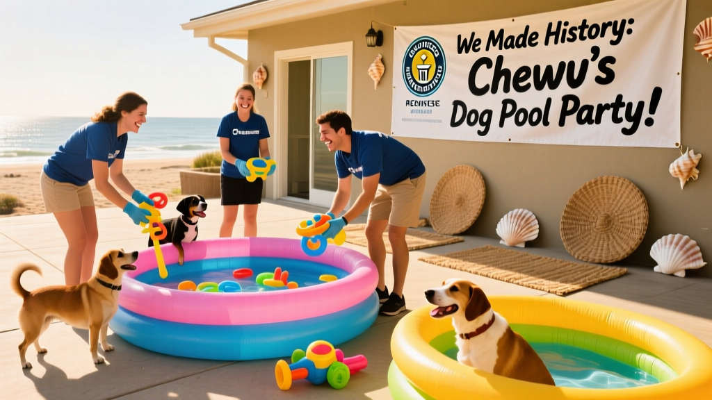 Volunteers handing out pop-up pools and coastal-themed toys to shelter staff