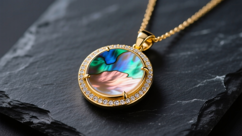 Bezel-set mother of pearl gold necklace pendant on dark slate, highlighting iridescent nacre and a polished 18k yellow gold rim.