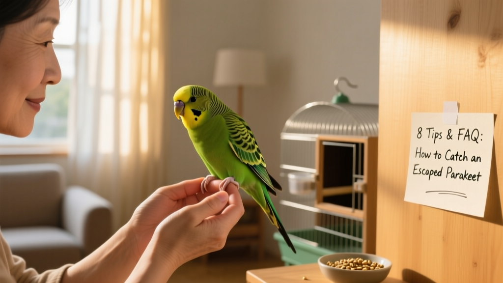 A calm person gently holding a small parakeet on their finger indoors