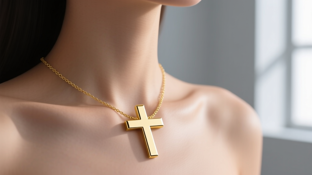 14k yellow gold horizon cross necklace on a collarbone, soft window lighting highlighting the polished horizontal metal surface.