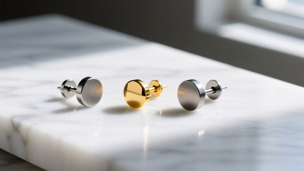 Three earring studs on marble: dull surgical steel, bright 14k gold, and a matte ASTM F136 titanium flat-back labret stud.