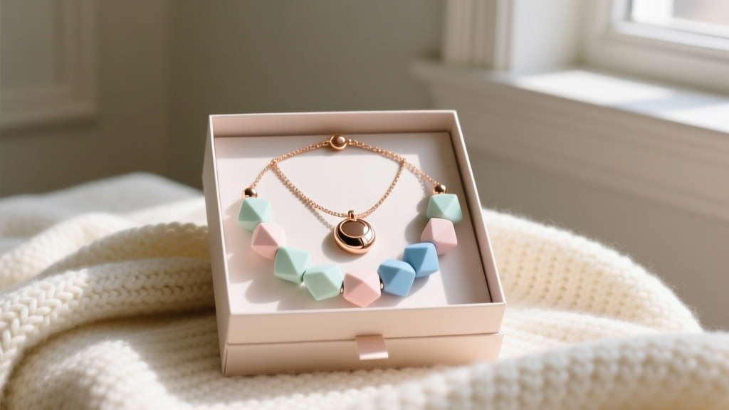 Baby shower gift box with a rose gold breakaway nursing necklace and geometric silicone beads resting on a soft knit blanket