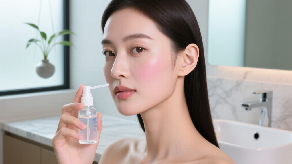 Woman holding sterile saline spray near her earlobe, soft bathroom lighting, clean aesthetic, detailed skin texture, front angle