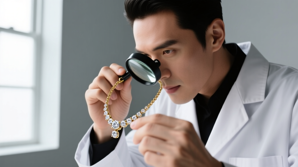 Jeweler examining an 18k white gold bezel set diamond necklace under a loupe, checking the bail and jump ring for wear and tear.