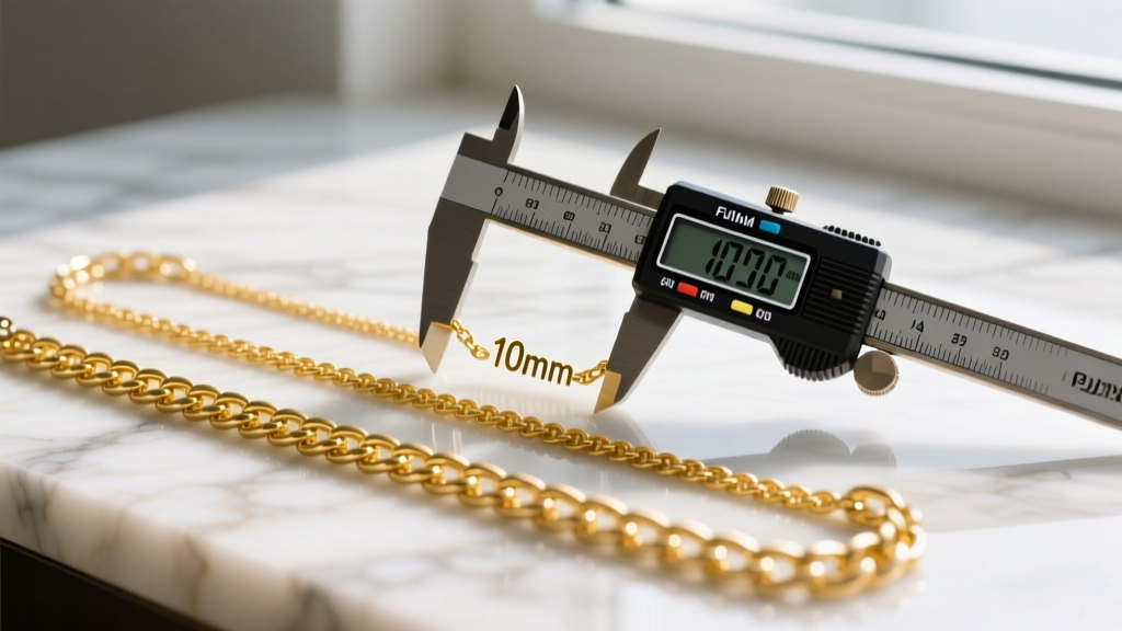 Three gold money chains of widths 8mm, 10mm, and 14mm, laid flat on a marble surface with a digital caliper measuring the links