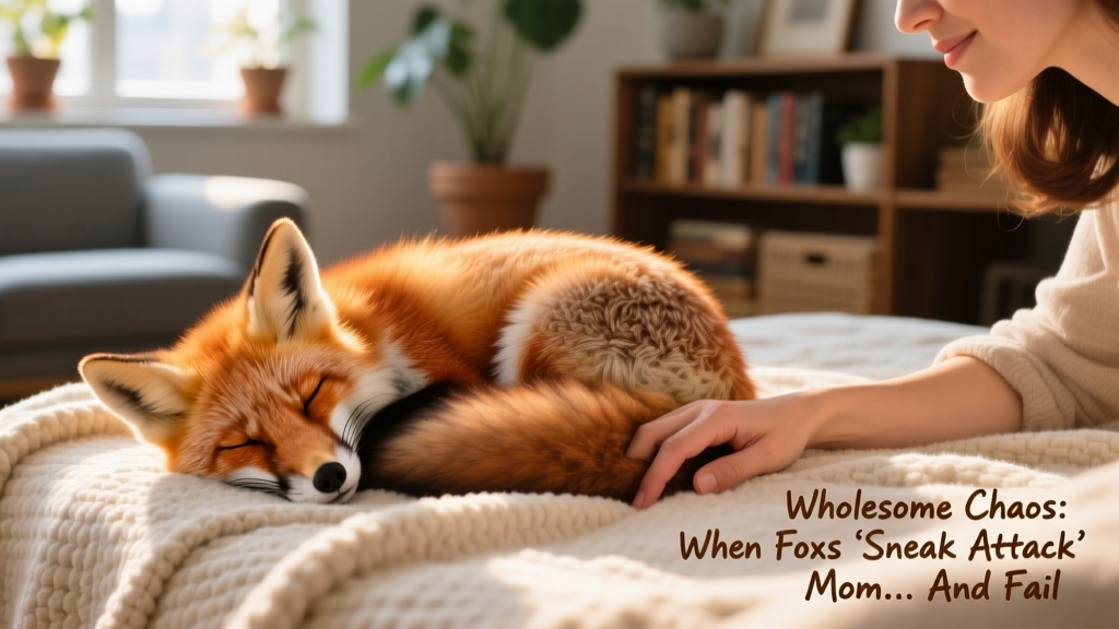 Fox curled up asleep on a soft blanket beside his human mom’s hand, tail draped gently over her wrist