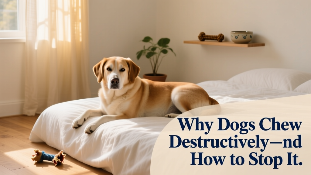 A relaxed adult dog resting in a tidy, sunlit safe room with a soft bed, chew toy, and water bowl