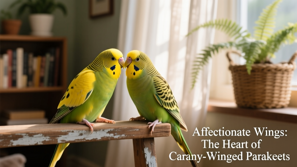 Two canary-winged parakeets interacting on a perch, one preening the other