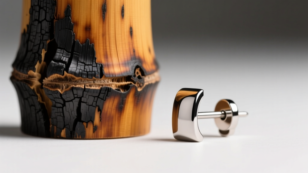 Macro photography of carbonized Moso bamboo texture showing deep amber wood grain next to a polished titanium earring post.
