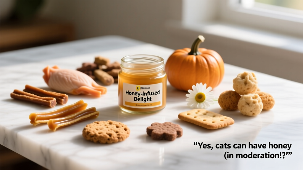 Assortment of safe, vet-approved cat treats on a clean surface
