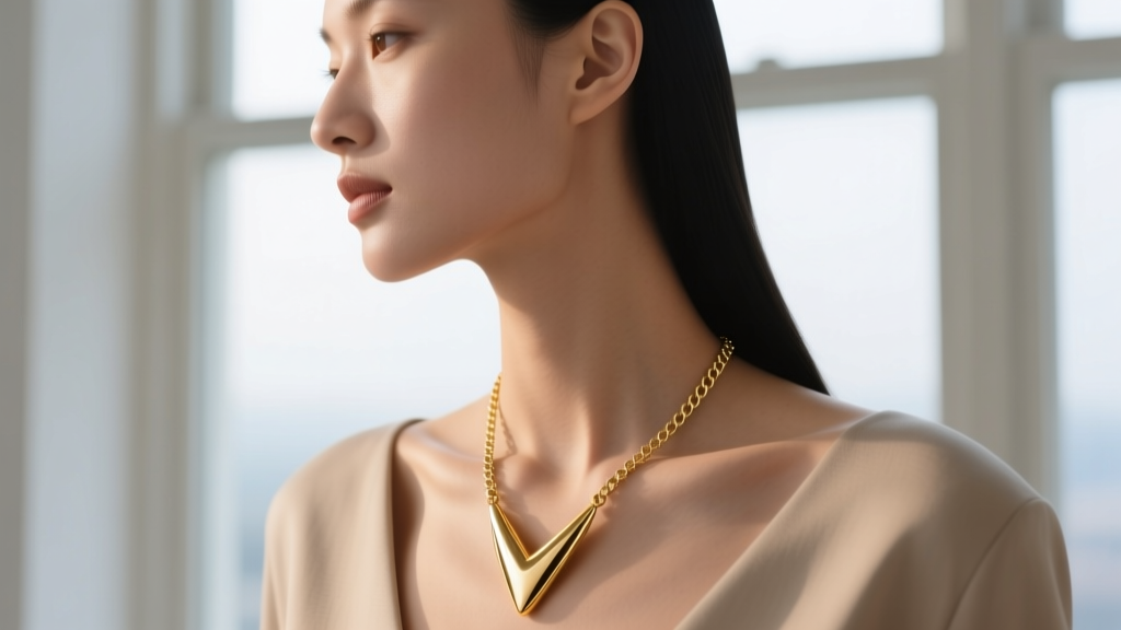 Side profile of a model wearing a heavy gold pendant on a 1.5mm box chain, illustrating the deep V-shaped catenary drape.