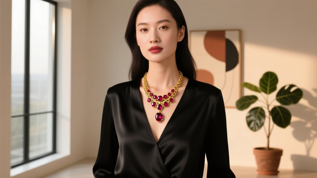 Woman wearing a layered Kay ruby pendant and an 18-inch gold chain over a black V-neck silk blouse in a warmly lit modern room