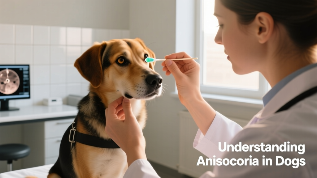 Veterinarian gently performing a fluorescein eye exam on a calm dog in a clinic setting