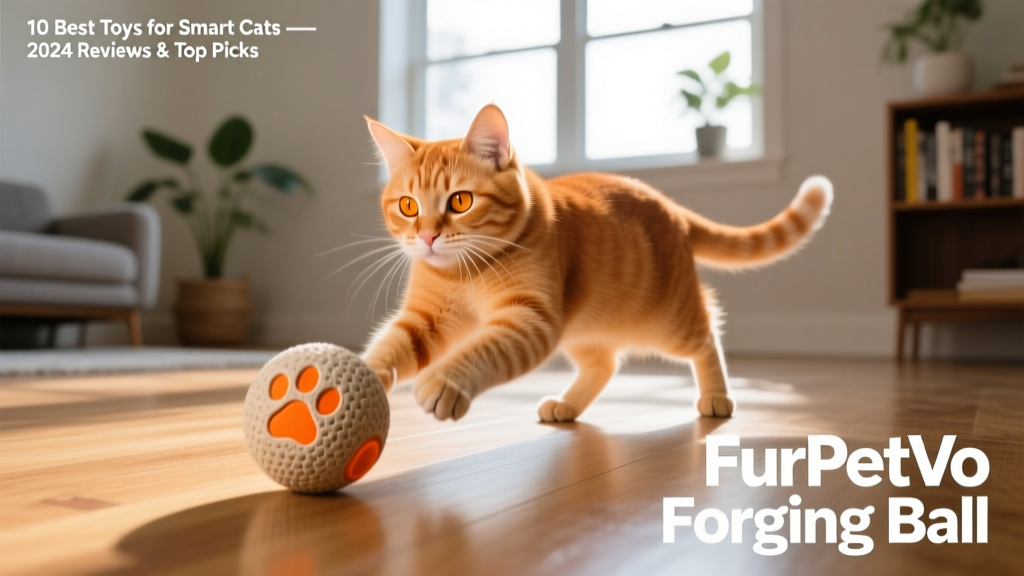 A ginger cat batting at a FurPetVo Foraging Ball rolling across hardwood floor