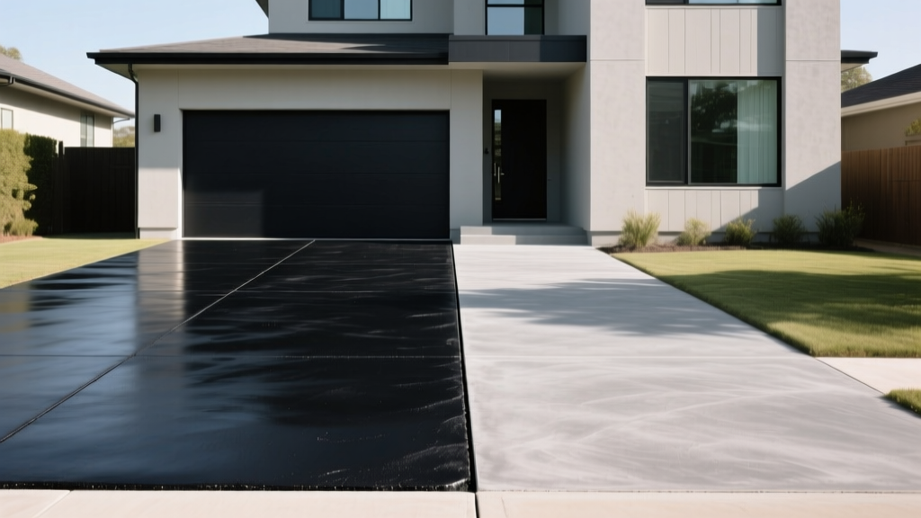 Split driveway showing fresh dark blacktop on the left and broom-finished gray concrete on the right near a modern suburban home entrance