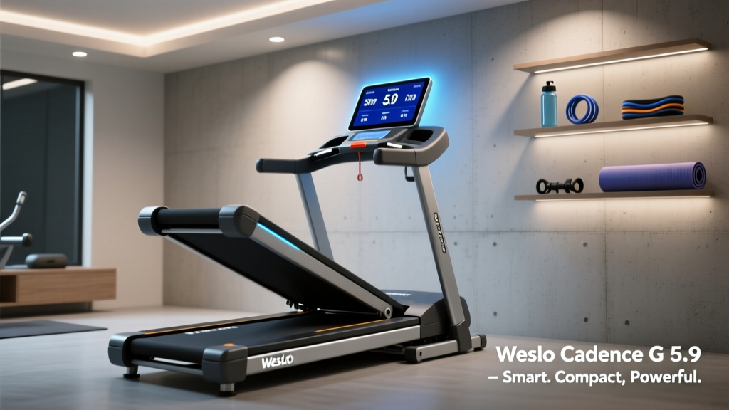 Front angle view of the Weslo Cadence G 5.9 treadmill displaying the digital monitor and folding deck mechanism in a home gym