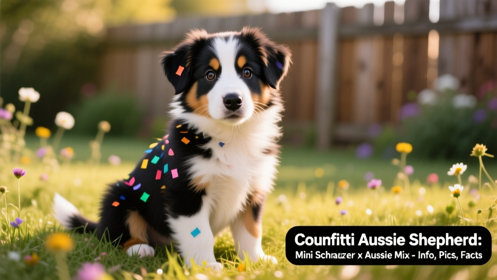 A lively Confetti Australian Shepherd puppy sitting on grass, showing its mixed coat texture and expressive eyes