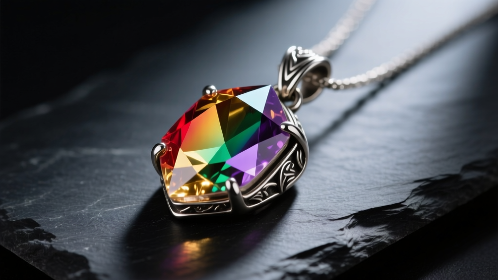 Close-up of a raw rainbow aura quartz crystal pendant set in oxidized sterling silver, resting on dark slate, moody studio lighting