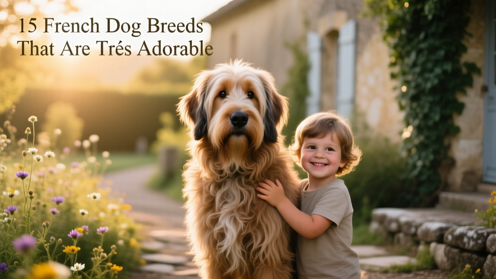 A Briard standing attentively beside a child, its long, wavy coat glistening in soft light