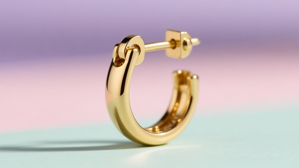 Side profile of 20-gauge gold leverback wire mechanism snapped shut, showing secure clasp against a blurred pastel background.