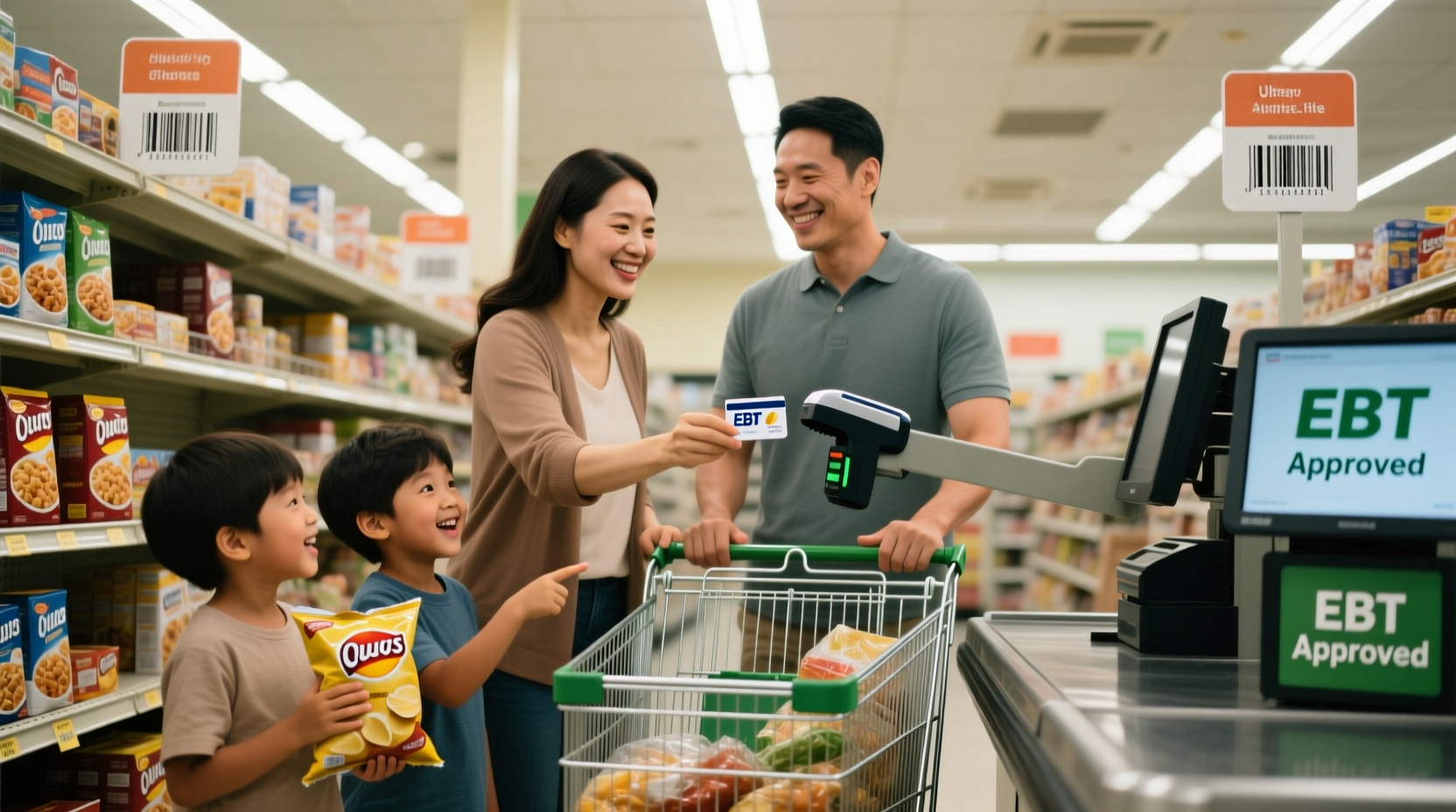 Family shopping for groceries with EBT card at supermarket